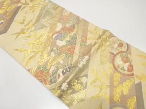 鴛鴦に菊・杜若・藤模様織り出し　袋帯